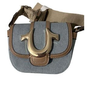 True Religion Blue and Tan Crossbody Bag with Gold Hardware